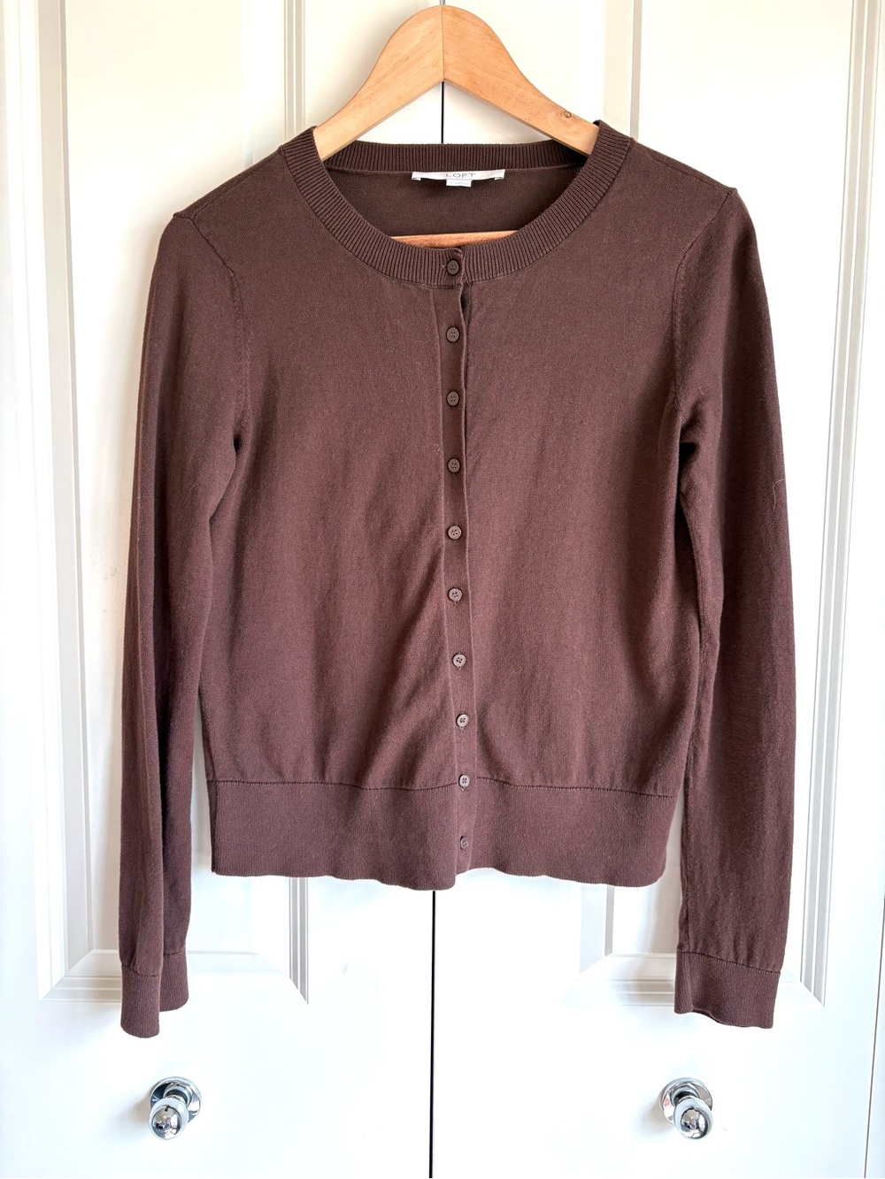 Loft Chocolate Brown Crewneck Cardigan Sweater Button Front 100% Cotton Medium